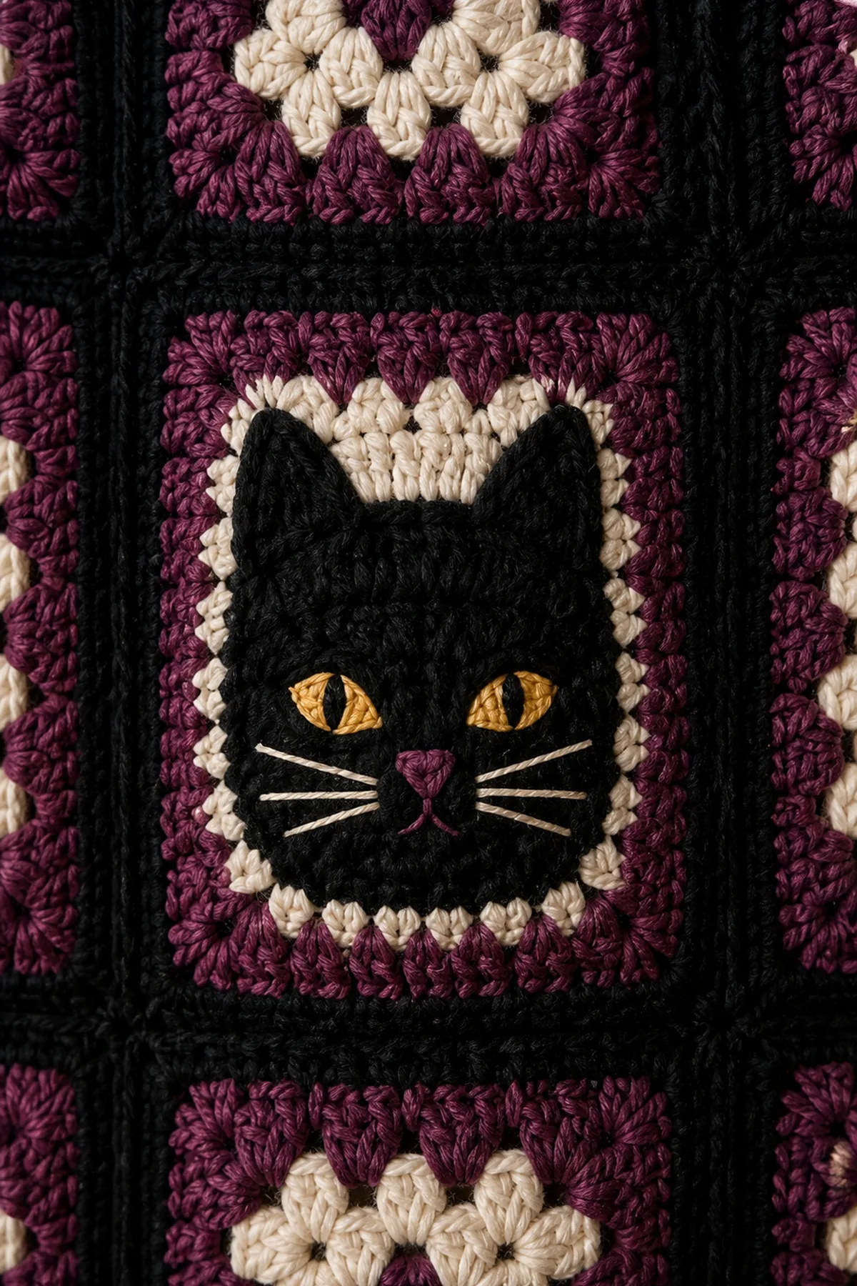 Close-up of original black-cat granny square with pointed ears, gold eyes, plum nose, cream whiskers, and flat black joins