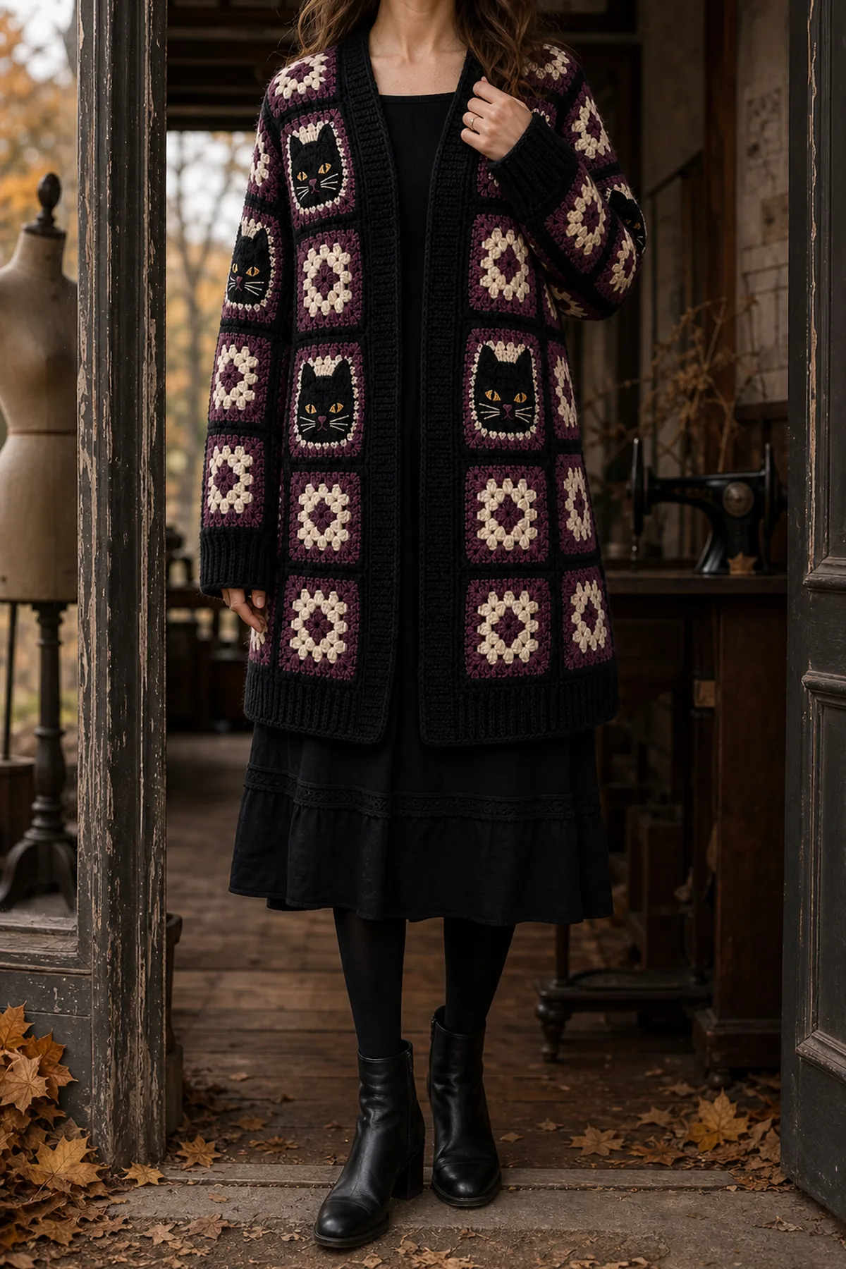 Finished black cat granny square crochet cardigan outfit worn as a coordinated gothic autumn outfit in soft daylight