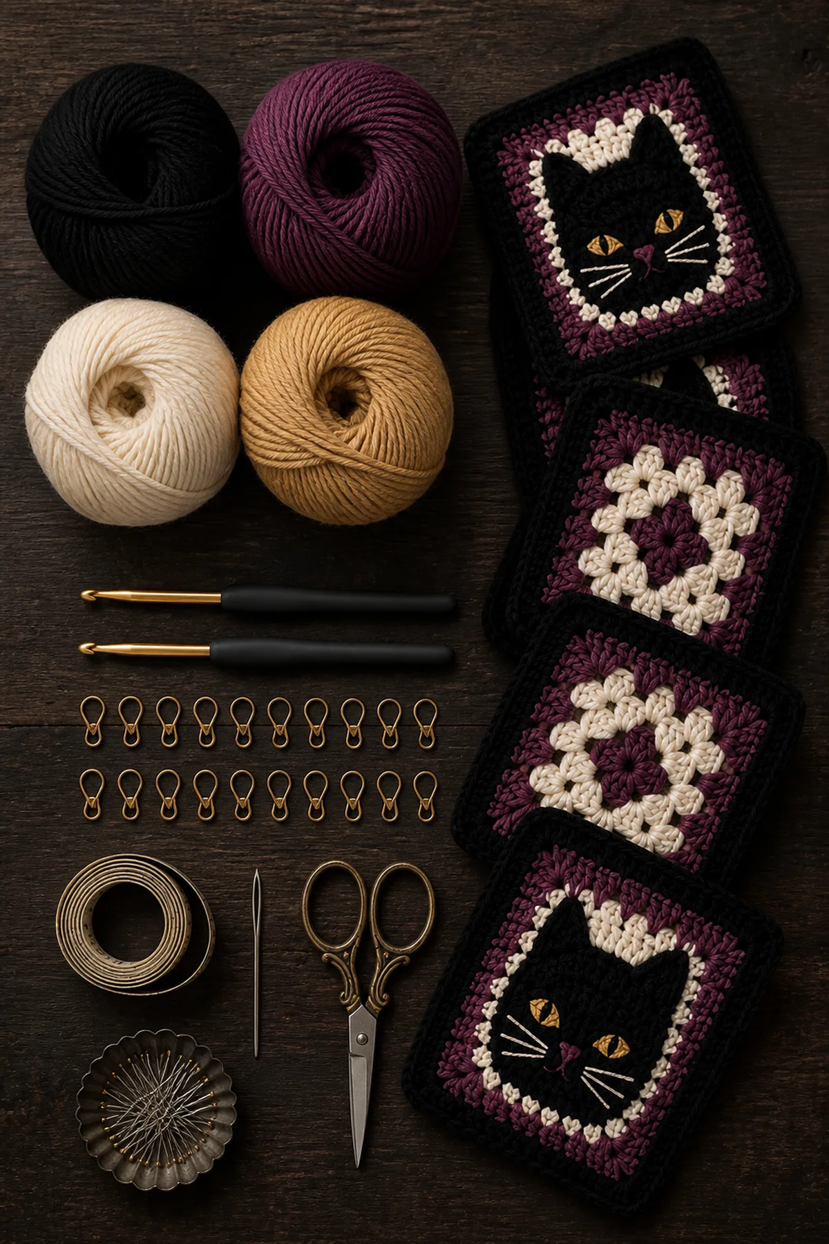 Black, plum, moonlit cream, and muted gold worsted yarn with hooks, markers, needle, tape measure, and scissors