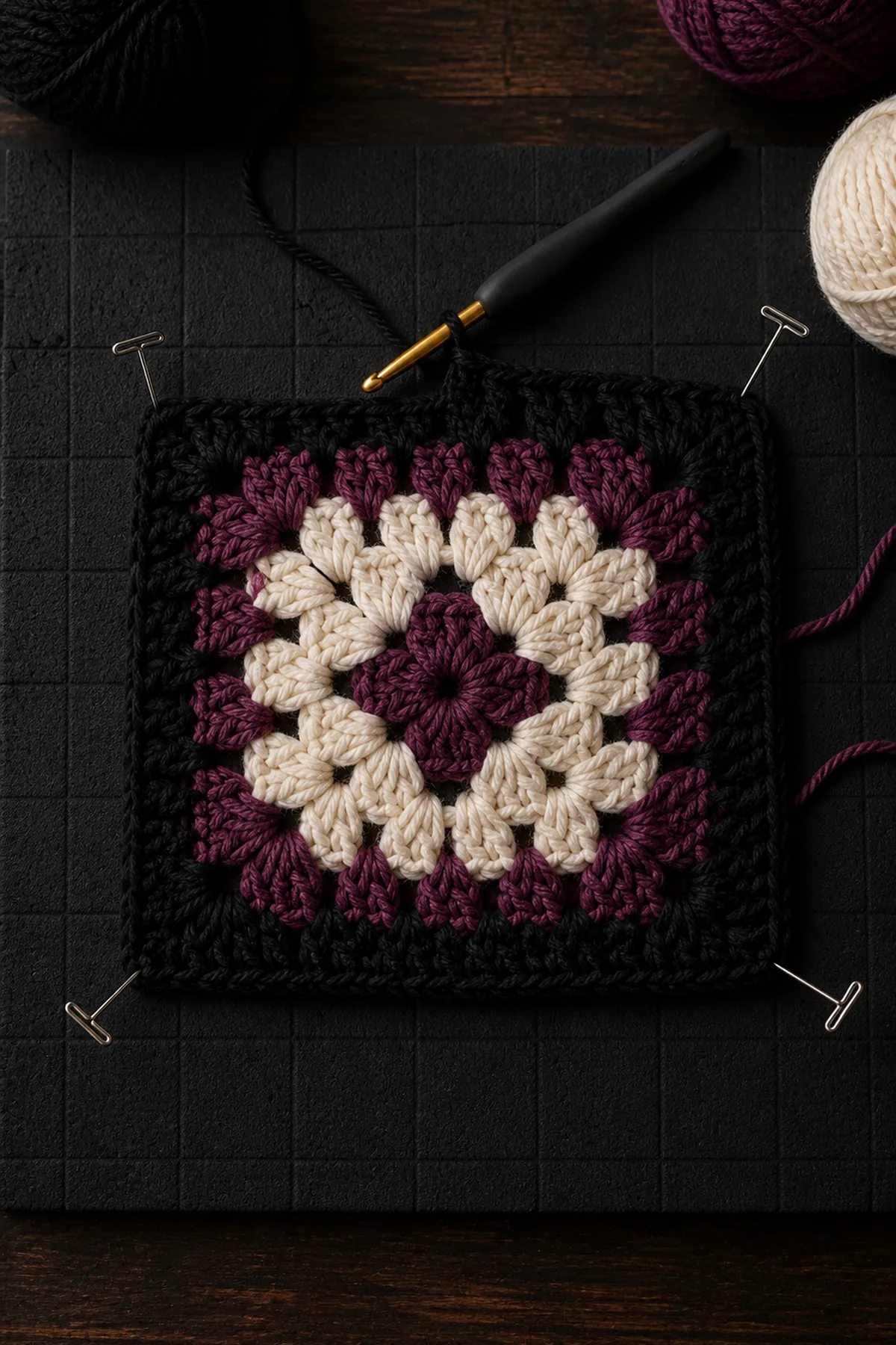 Four-round black and plum granny square in progress with marked corners and visible double crochet texture
