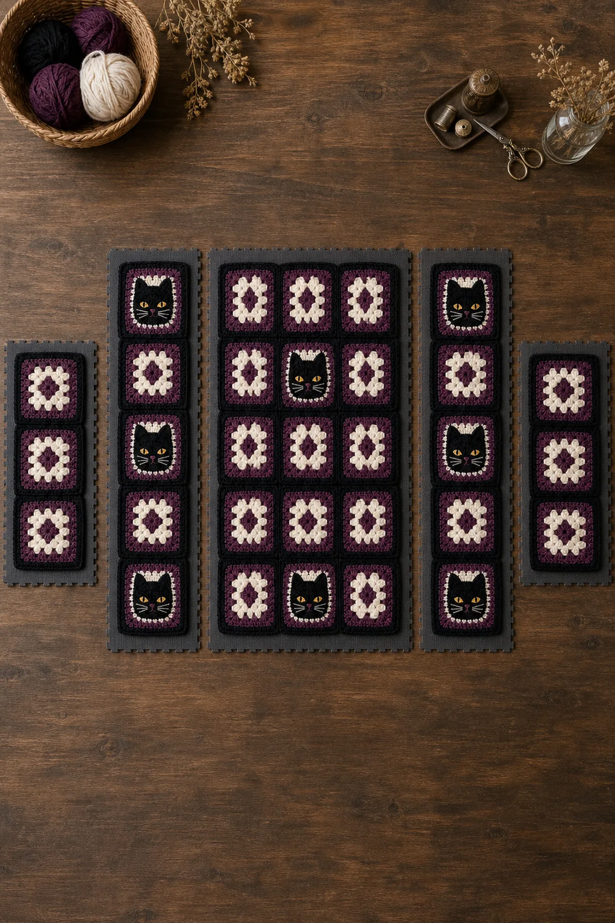 Forty-four blocked black and plum crochet squares arranged in cardigan body and sleeve grids