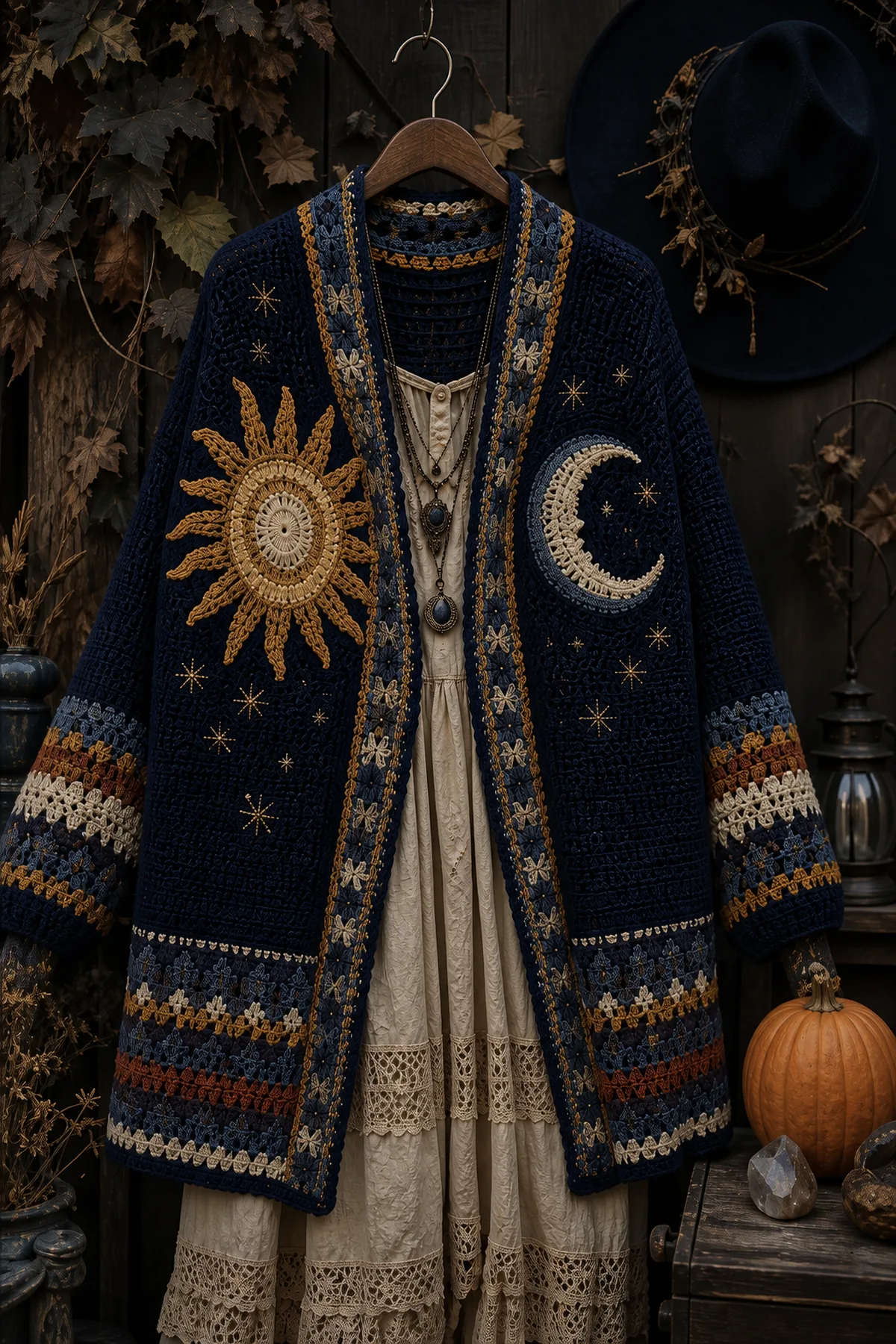antique-gold crochet sun with dimensional rays beside a cream and dusk-blue crescent moon
