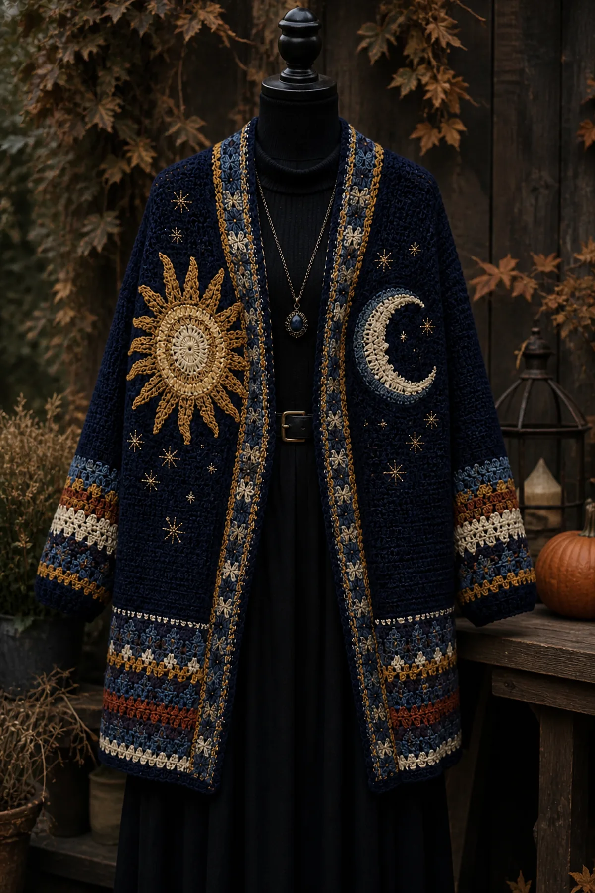 Finished celestial sun and moon crochet cardigan outfit worn over a simple black autumn outfit in soft moody daylight