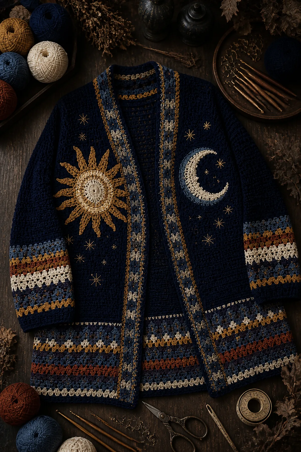 Worsted yarn in midnight navy, antique gold, warm cream, rust, and dusk blue with crochet hooks, markers, tape measure, yarn needle, and scissors