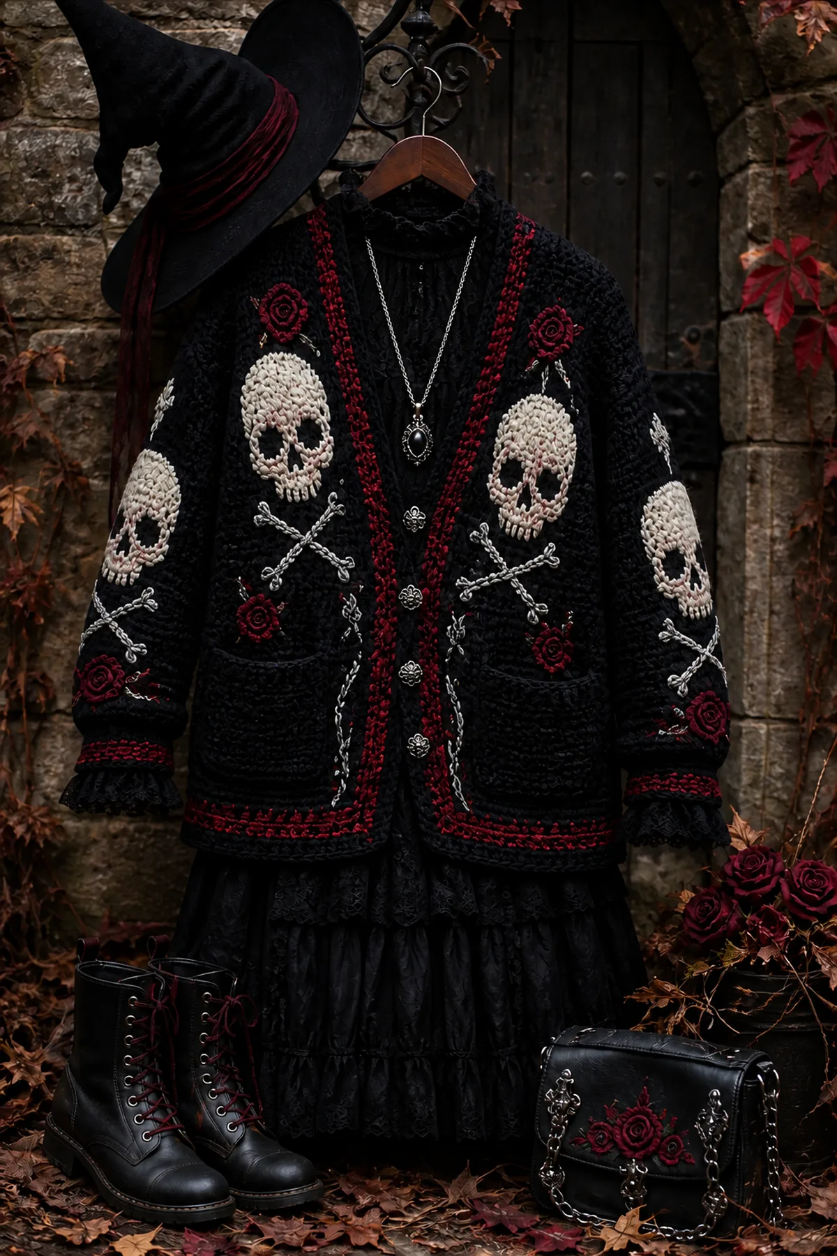 bone-white crochet skull applique with smoke-gray eye sockets, crimson cheek marks, and silver edging