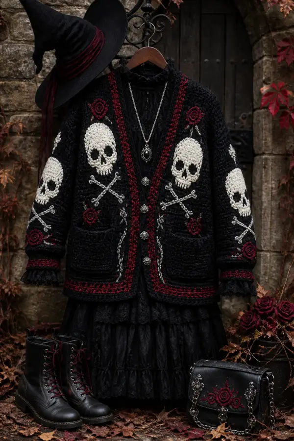 Finished gothic skull crochet cardigan outfit for halloween styled as a complete witchy autumn outfit in matte black, bone white, smoke gray, crimson, and antique silver