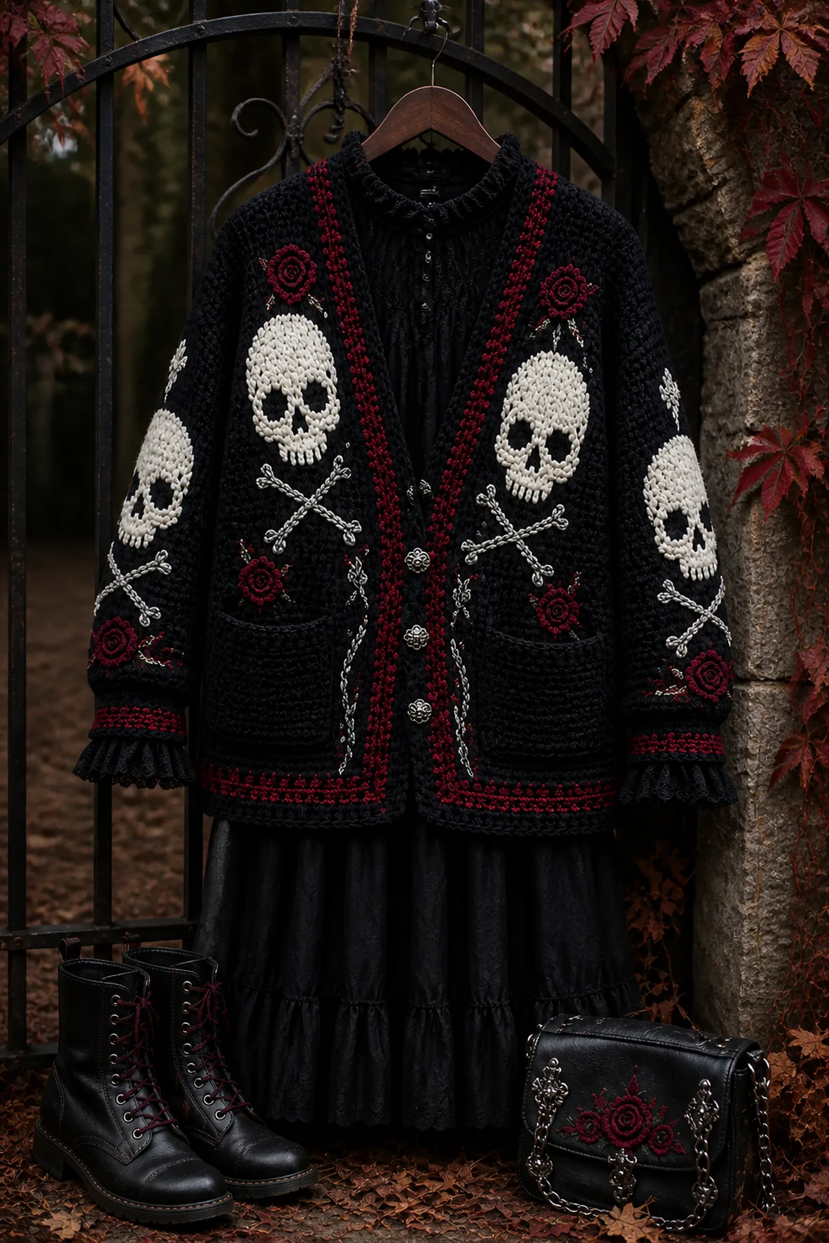Finished gothic skull crochet cardigan outfit for halloween worn over a simple black autumn outfit in soft moody daylight