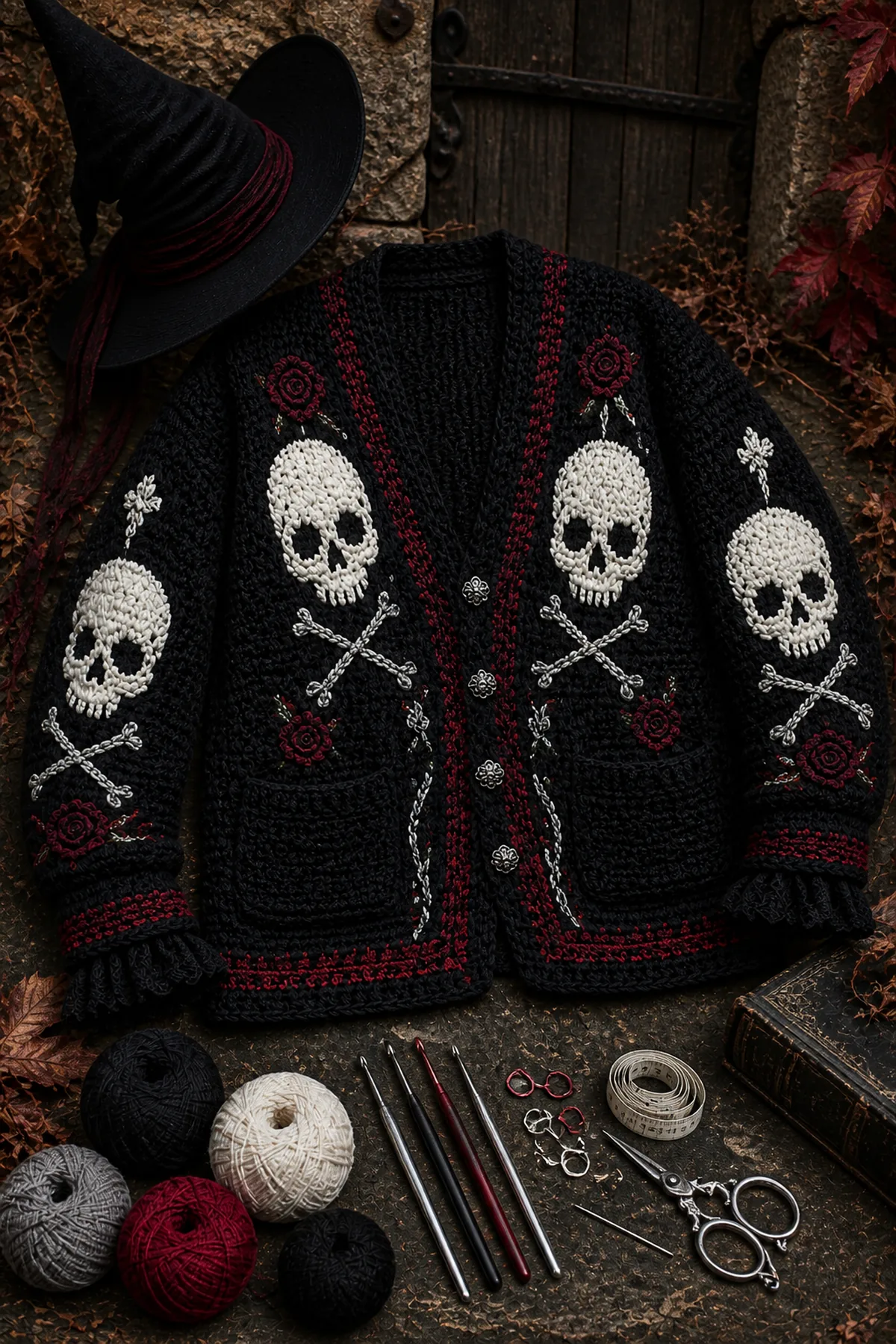 Worsted yarn in matte black, bone white, smoke gray, crimson, and antique silver with crochet hooks, markers, tape measure, yarn needle, and scissors