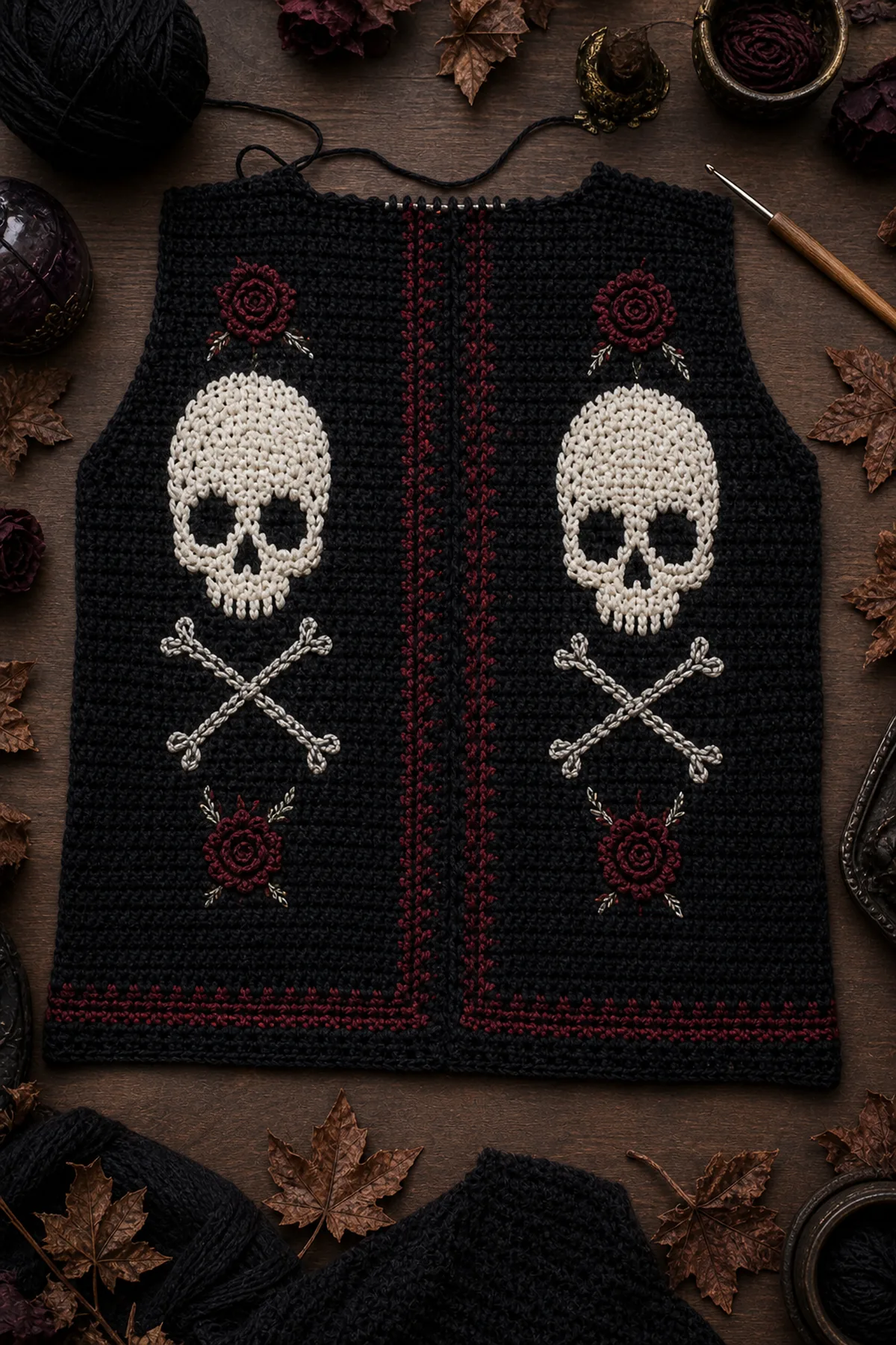 Black 72-stitch crochet cardigan back panel in progress with neat half double crochet rows