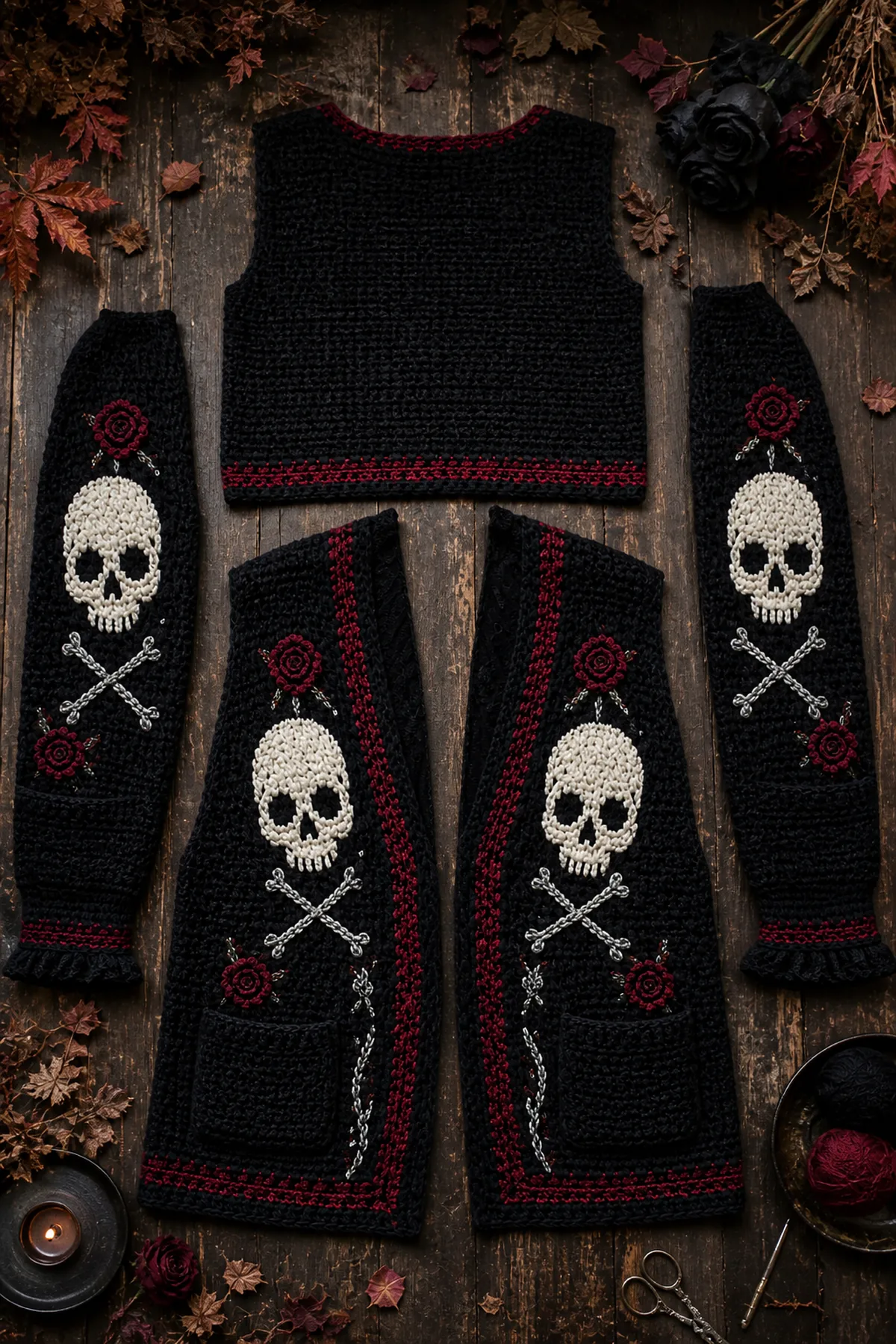 Blocked black cardigan panels and sleeves arranged before measured shoulder and side seaming
