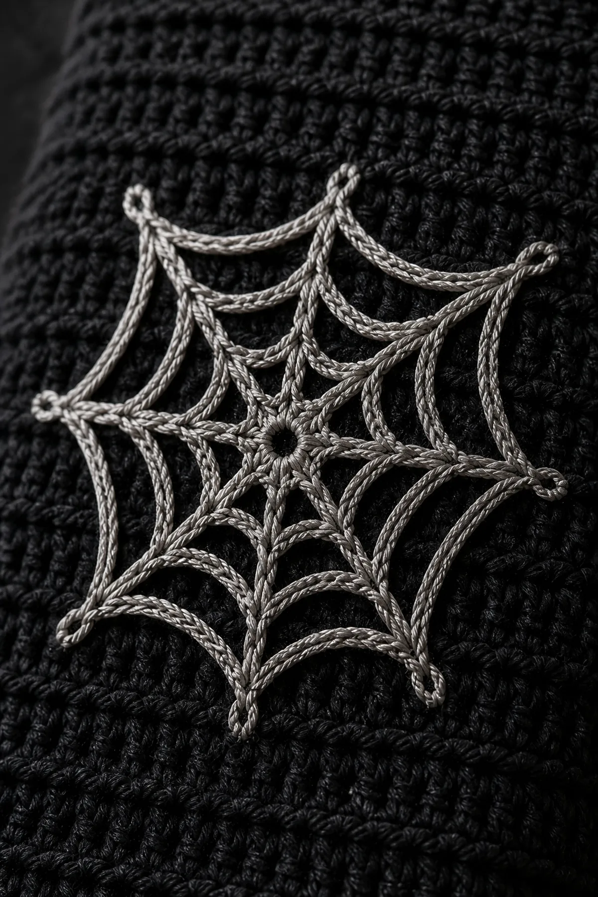 openwork silver crochet spiderweb securely hand-sewn to dense black cardigan fabric