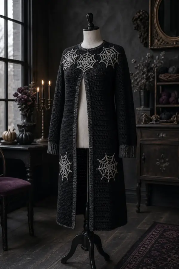 Finished gothic spiderweb crochet cardigan outfit for halloween styled as a complete witchy autumn outfit in deep black, charcoal, antique silver, and a restrained plum accent