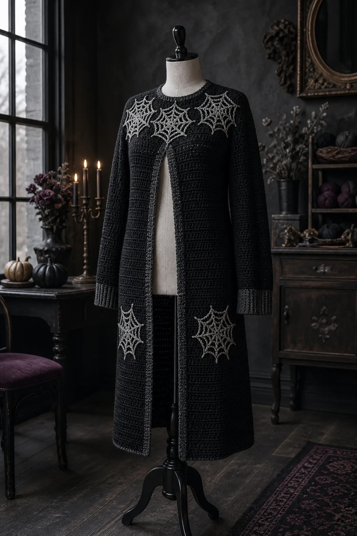 Finished gothic spiderweb crochet cardigan outfit for halloween styled as a complete witchy autumn outfit in deep black, charcoal, antique silver, and a restrained plum accent