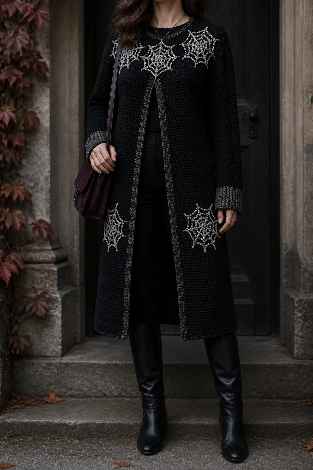 Finished gothic spiderweb crochet cardigan outfit for halloween worn over a simple black autumn outfit in soft moody daylight