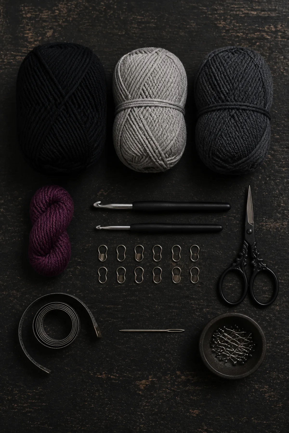 Worsted yarn in deep black, charcoal, antique silver, and a restrained plum accent with crochet hooks, markers, tape measure, yarn needle, and scissors