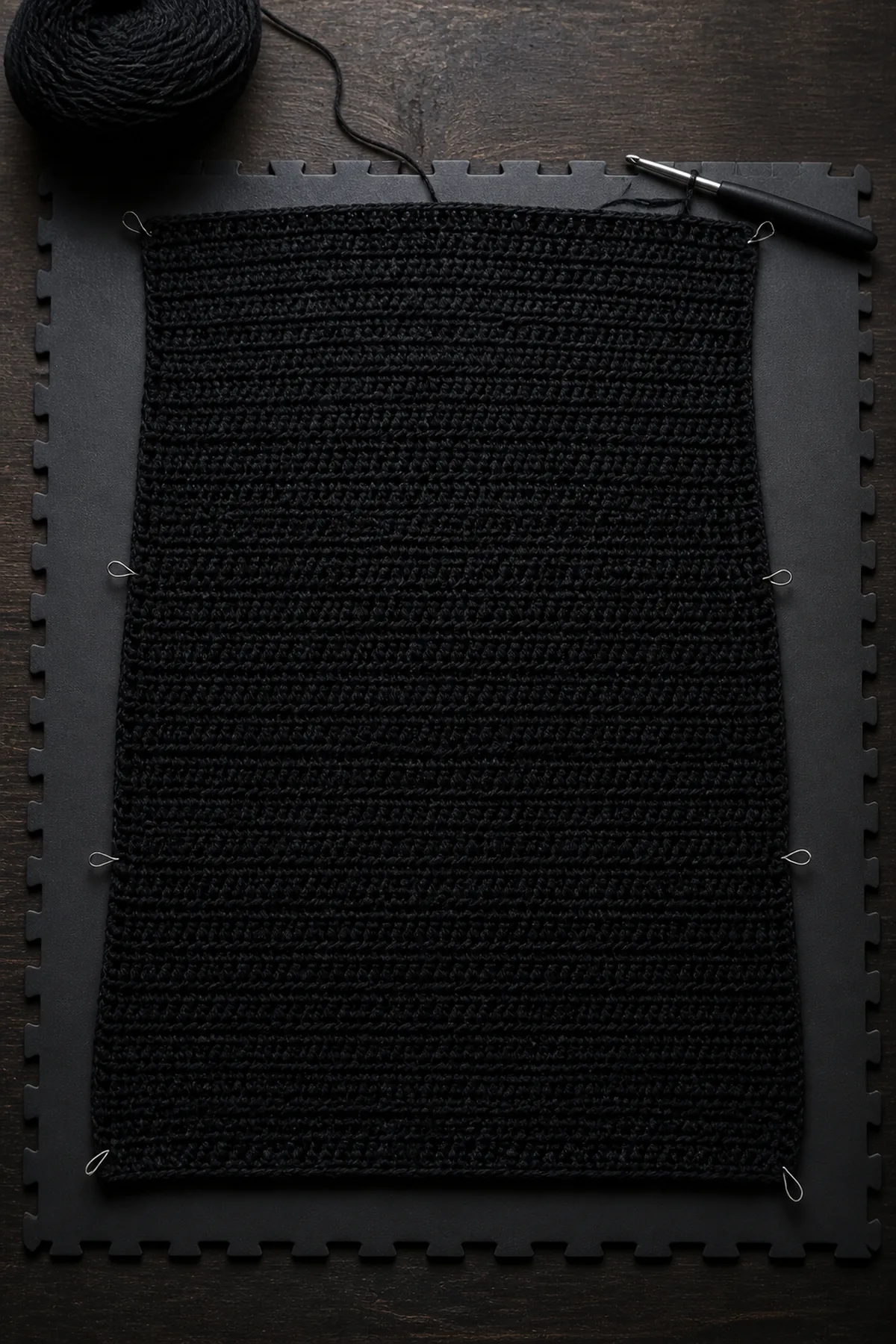 Black 72-stitch crochet cardigan back panel in progress with neat half double crochet rows