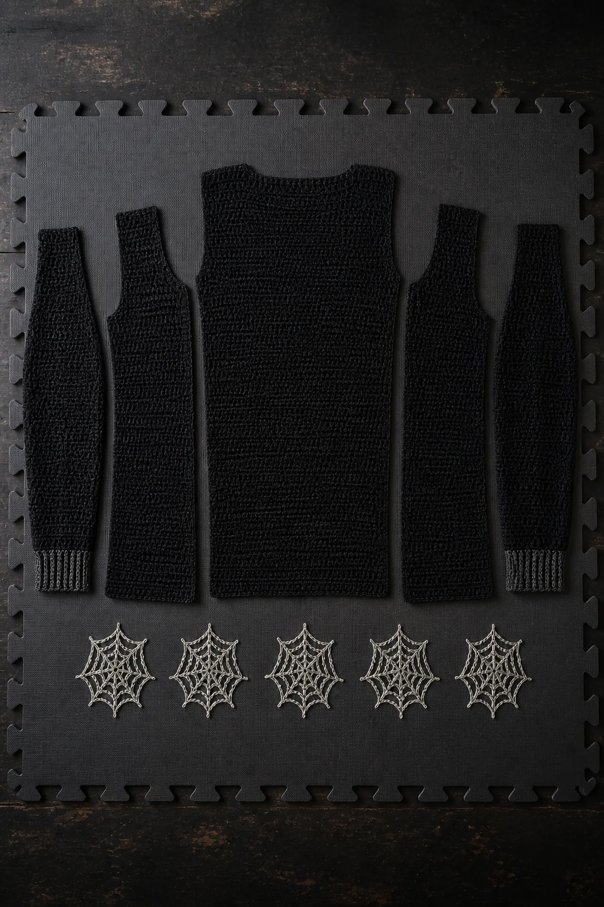 Blocked black cardigan panels and sleeves arranged before measured shoulder and side seaming