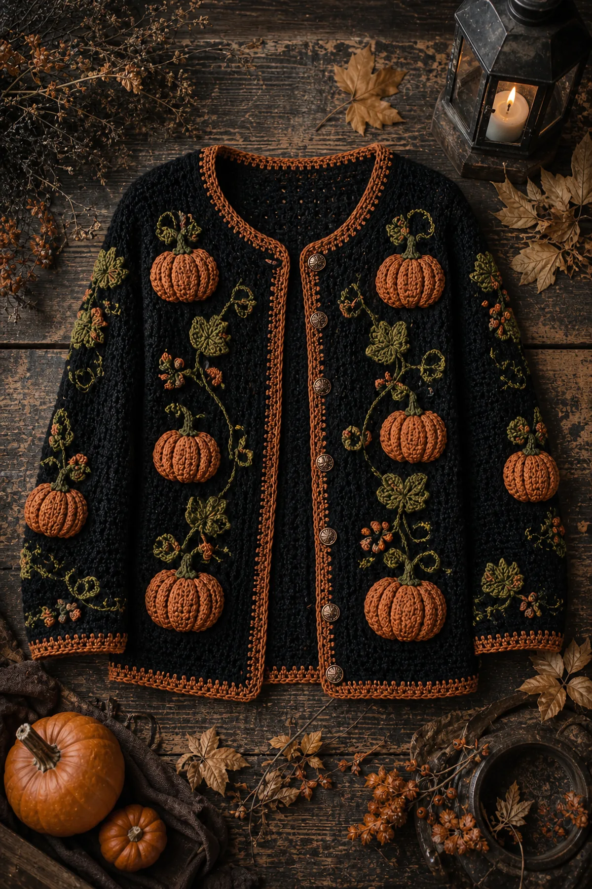 textured orange crochet pumpkin applique with raised copper ribs and a curled olive vine