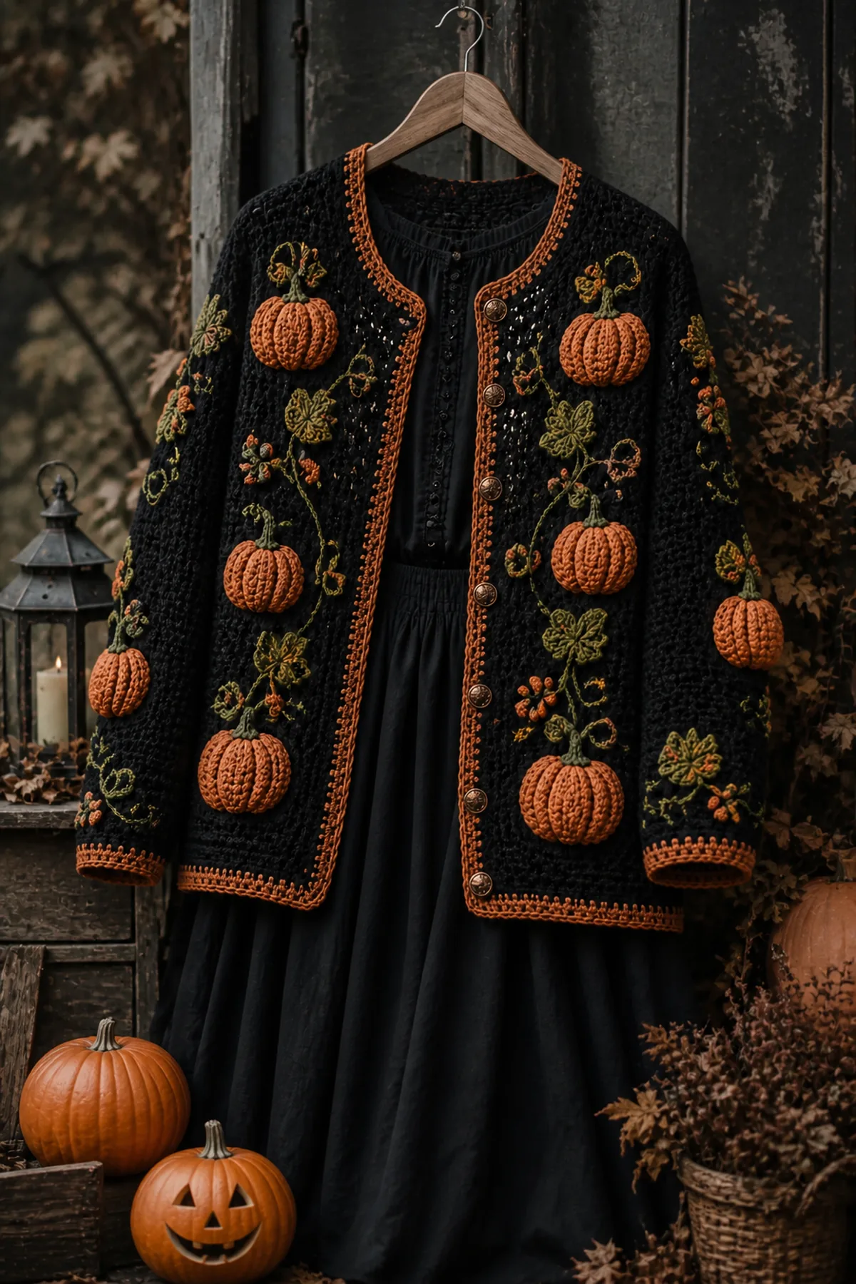Finished halloween pumpkin crochet cardigan outfit worn over a simple black autumn outfit in soft moody daylight