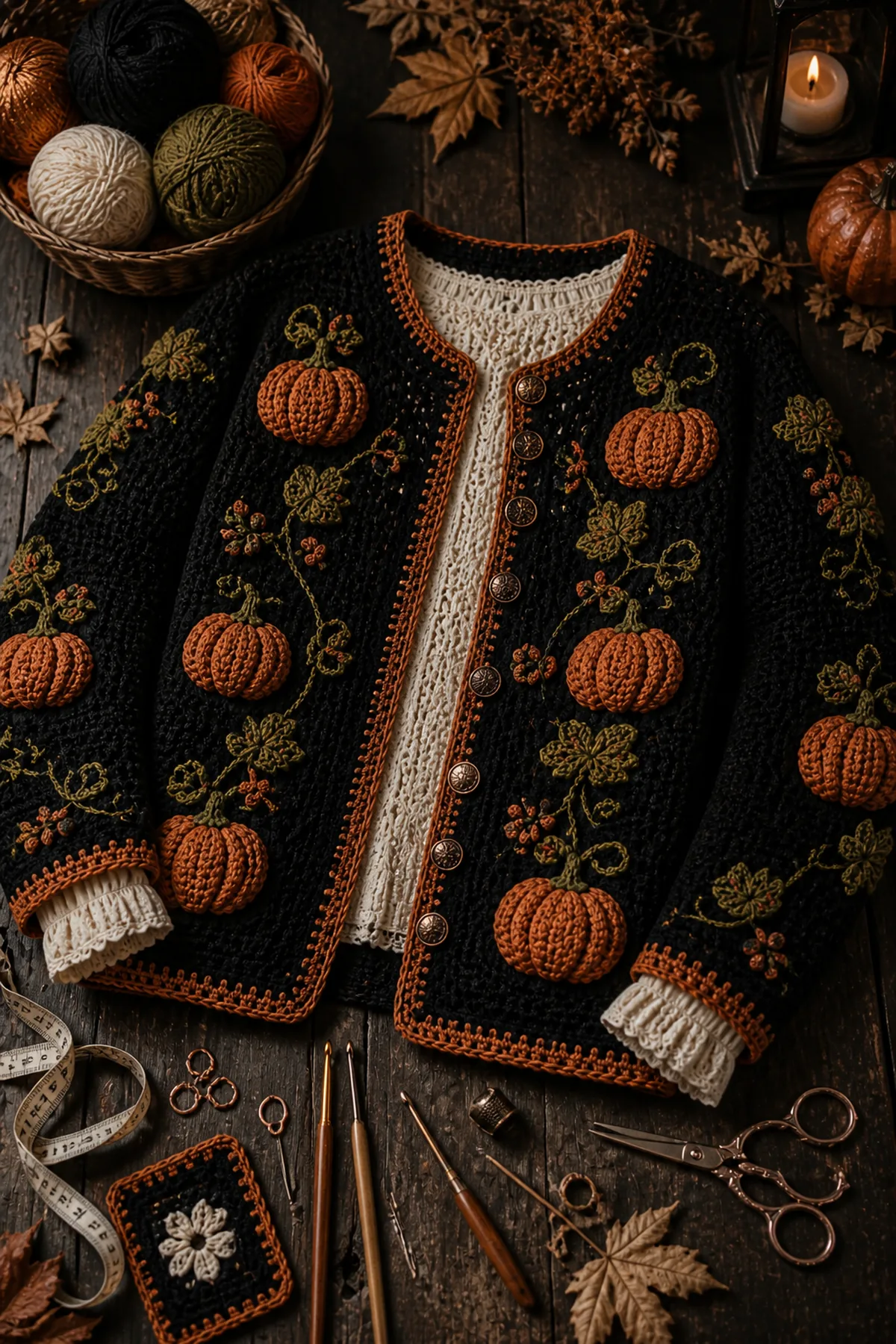 Worsted yarn in deep black, pumpkin orange, warm cream, olive, and a touch of copper with crochet hooks, markers, tape measure, yarn needle, and scissors