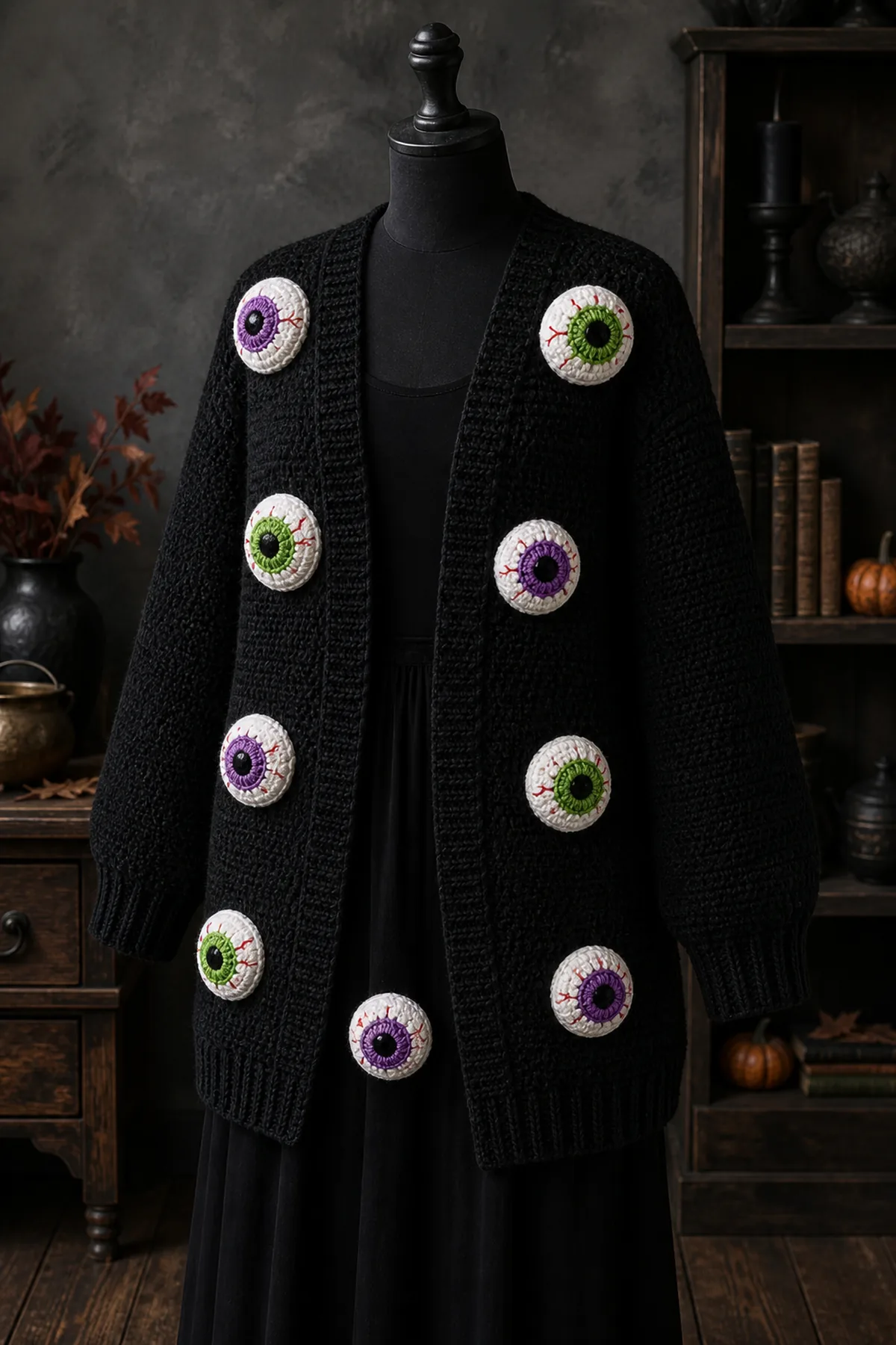 Finished spooky eyeball crochet cardigan outfit for halloween styled as a complete witchy autumn outfit in matte black, bone white, poisonous green, violet, and a small amount of red