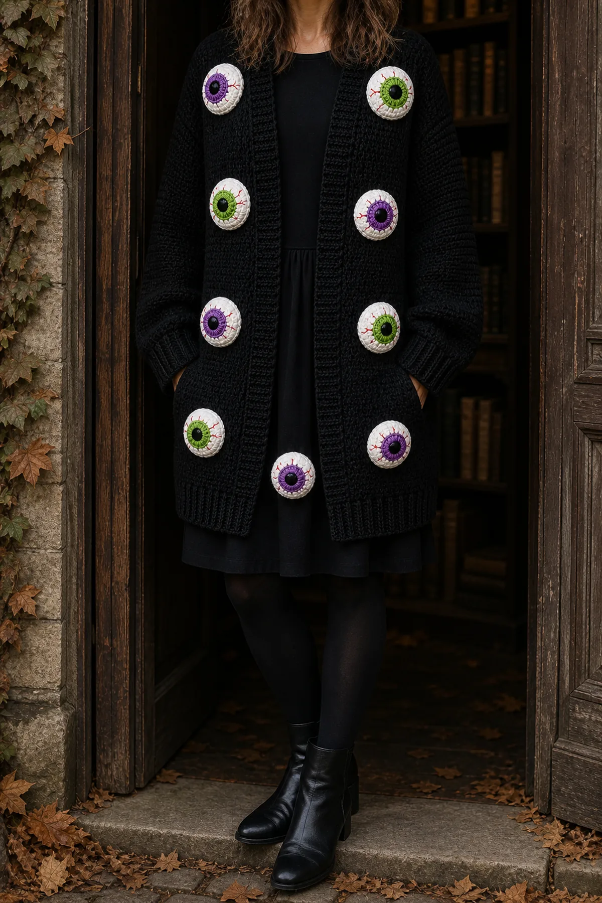 Finished spooky eyeball crochet cardigan outfit for halloween worn over a simple black autumn outfit in soft moody daylight