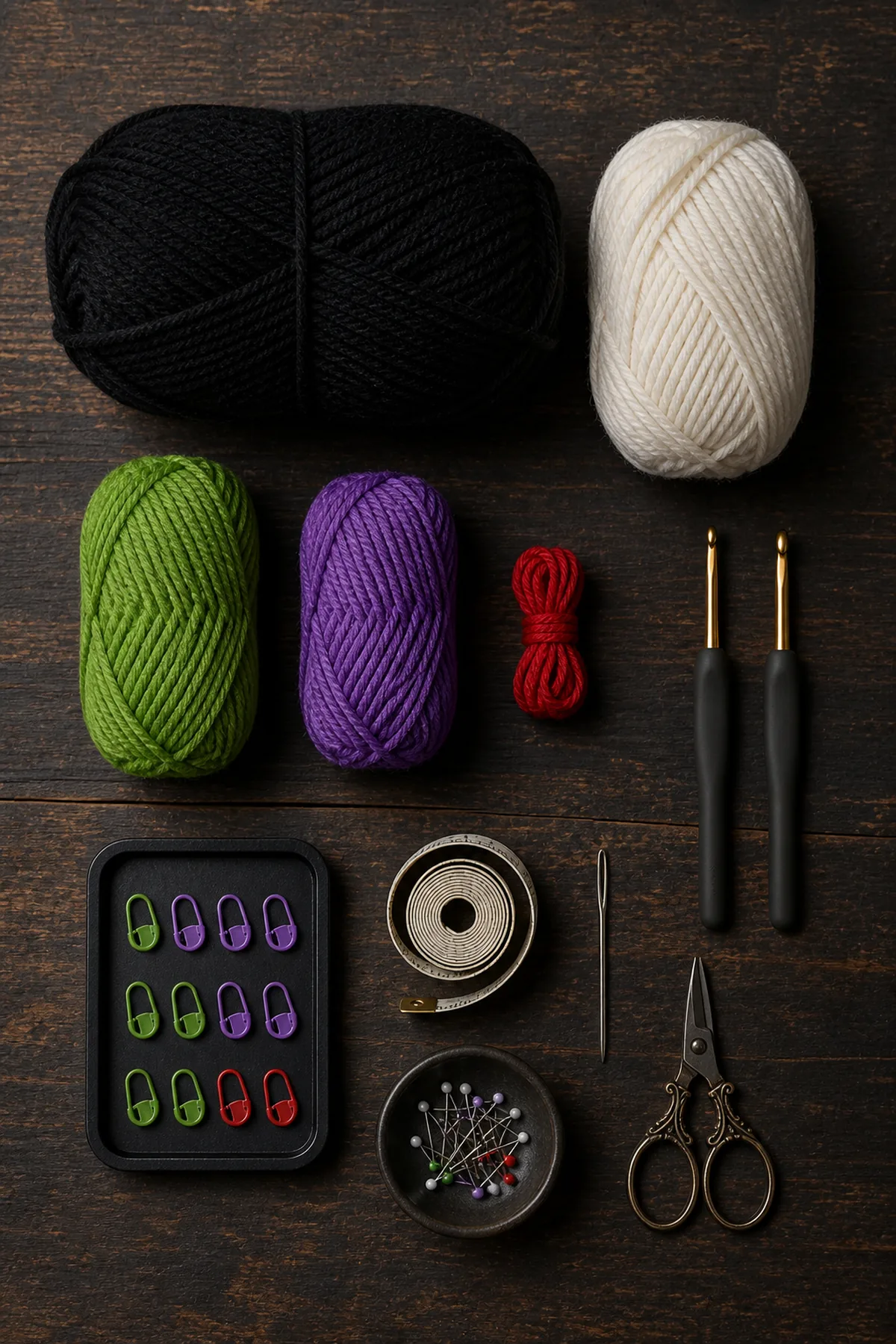 Worsted yarn in matte black, bone white, poisonous green, violet, and a small amount of red with crochet hooks, markers, tape measure, yarn needle, and scissors