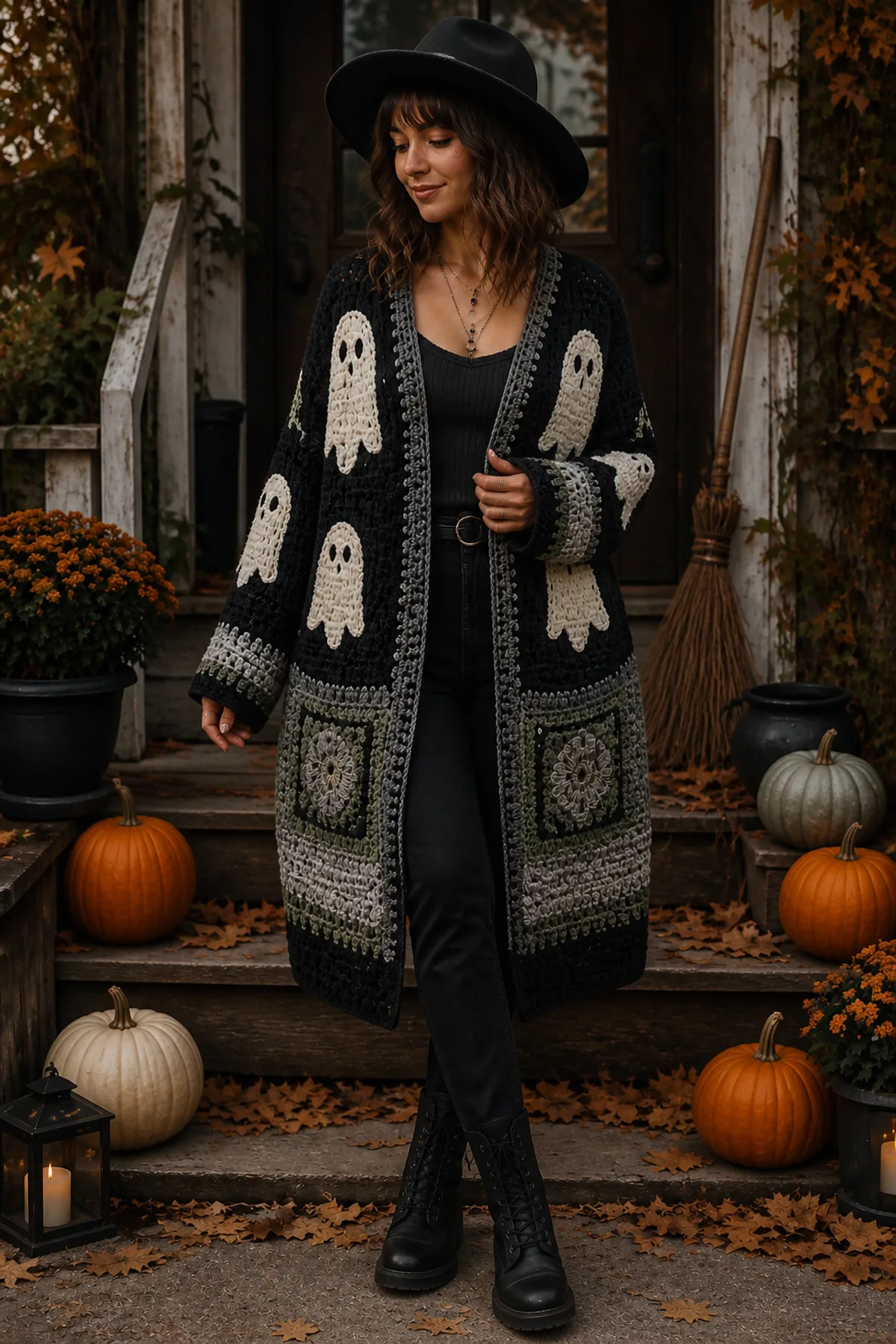 Finished spooky ghost crochet cardigan outfit for fall worn over a simple black autumn outfit in soft moody daylight