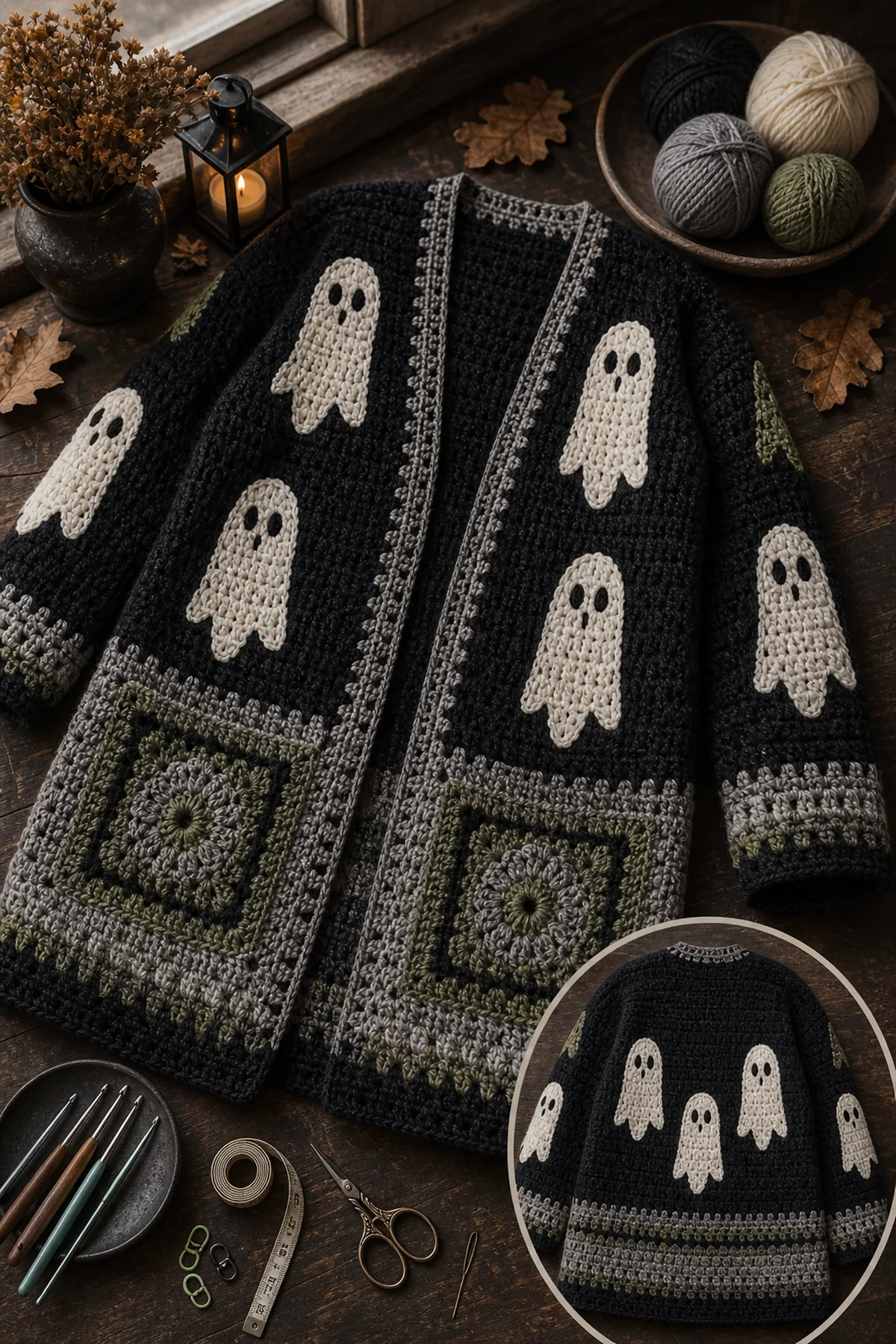 Worsted yarn in soft ivory, misty gray, charcoal, and a muted sage accent with crochet hooks, markers, tape measure, yarn needle, and scissors