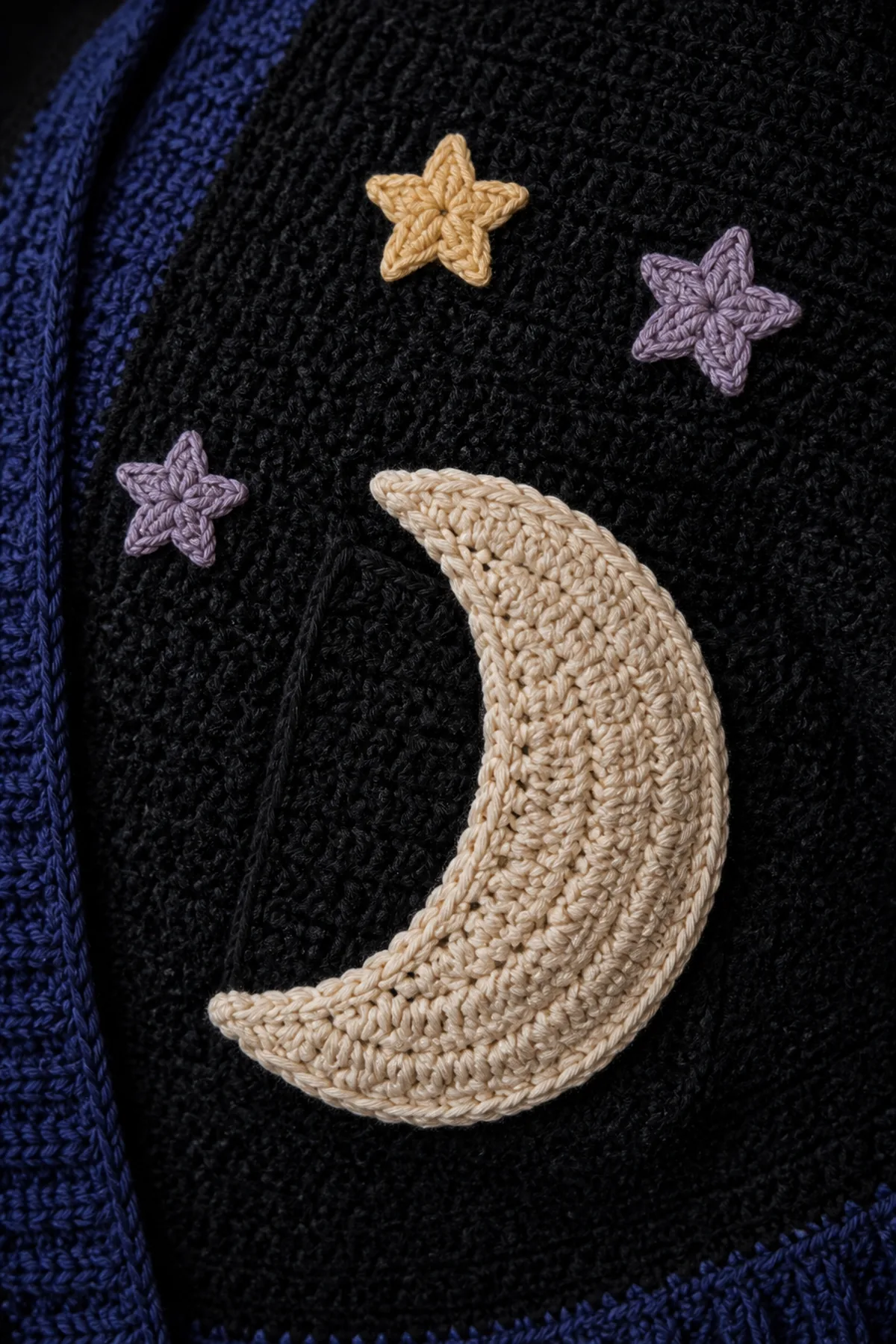 moonlit crochet crescent pocket surrounded by tiny five-point gold and lavender stars