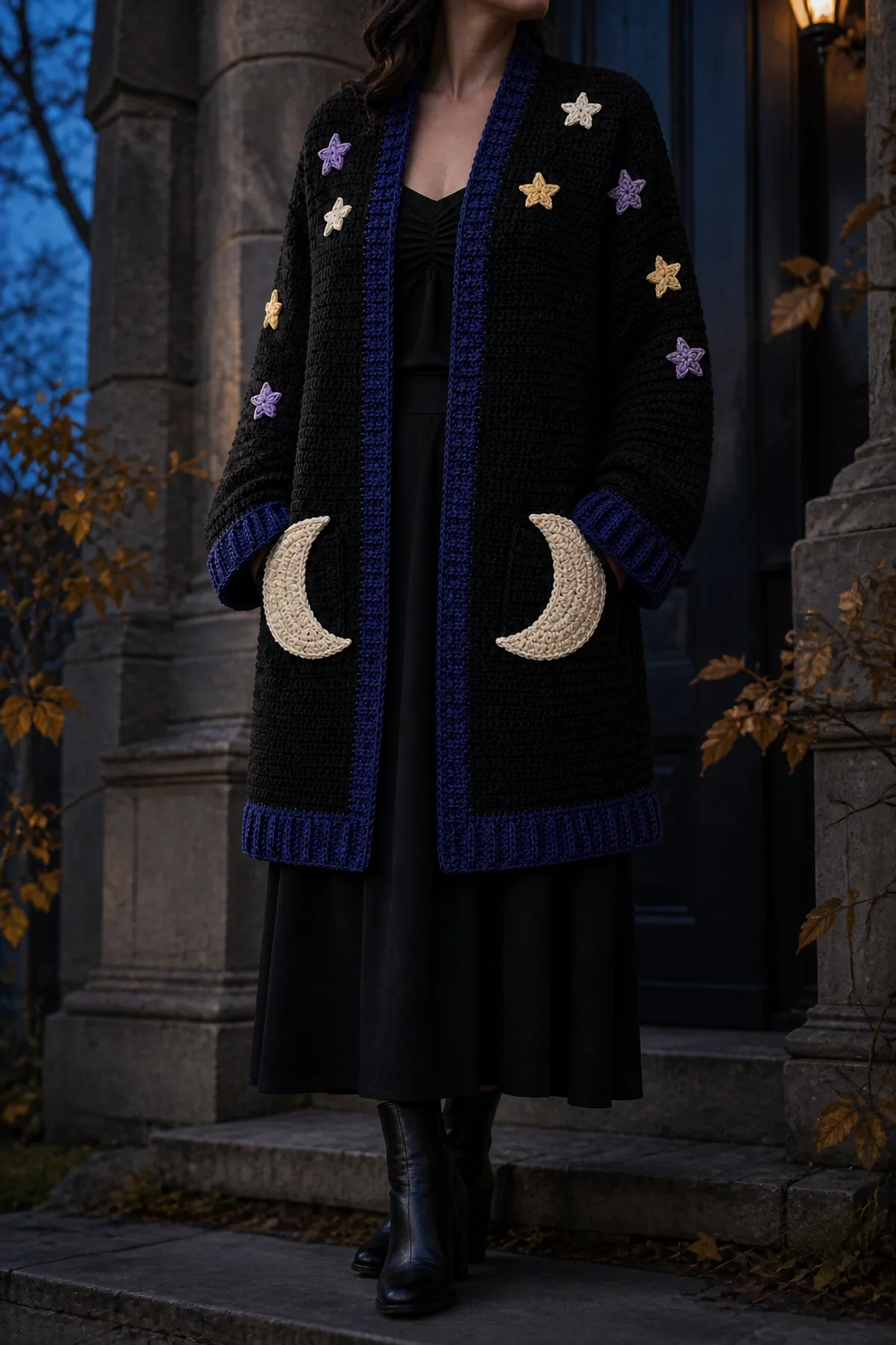 Finished witchy moon and stars crochet cardigan outfit worn over a simple black autumn outfit in soft moody daylight