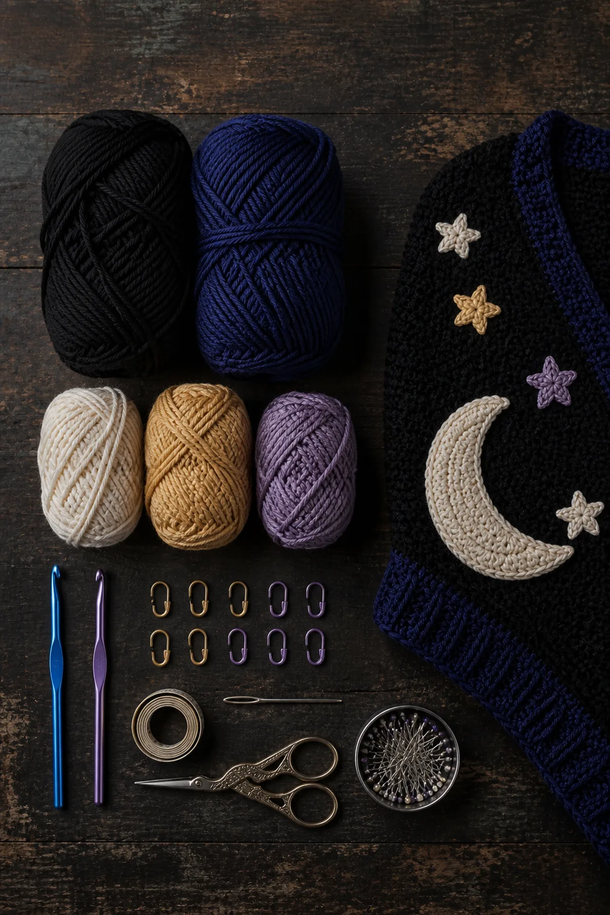 Worsted yarn in midnight black, deep indigo, moonlit cream, muted gold, and dusty lavender with crochet hooks, markers, tape measure, yarn needle, and scissors